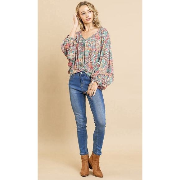 Umgee Womens Large Paisley Print Puff Dolman Sleeve Boho Blouse Top - Picture 3 of 10
